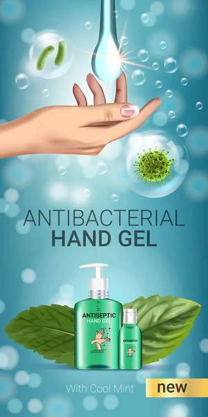 Coole antibakterielle Handgel-Werbung mit Minzgeschmack. Vektorillustration mit antiseptischem Handgel in Flaschen und Minzblättern. — Stockvektor