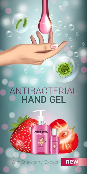 Jahodová příchuť ruce antibakteriální gel reklamy. Vektorové ilustrace s antiseptickým ruky gel v lahvích a jahodový prvky. — Stockový vektor