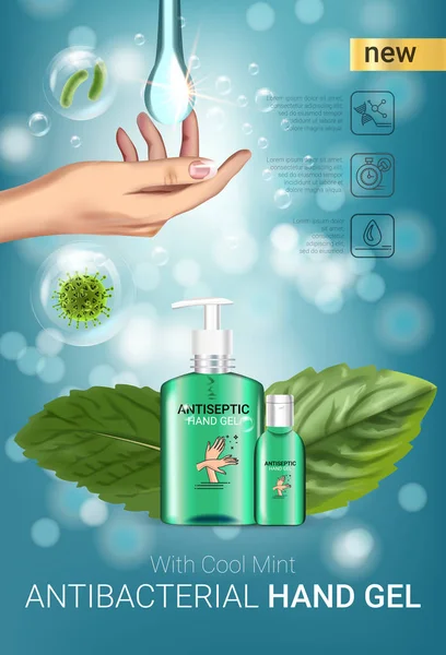 Cool mint flavor Antibacterial hand gel ads. Vector Illustration with antiseptic hand gel in bottles and mint leaves elements. — Stock Vector