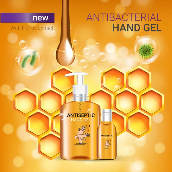 Honey flavor Antibacterial hand gel ads. Vector Illustration with antiseptic hand gel in bottles and honey elements — Stock Vector
