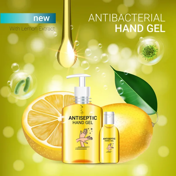 Rasa lemon Iklan Gel tangan antibakteri. Vector Illustration dengan gel tangan antiseptik dalam botol dan elemen lemon - Stok Vektor