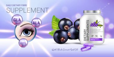 Siyah frenk üzümü diyet ek reklamlar. Vektör çizim göz eki ile şişe ve blackcurrant öğeler yer.