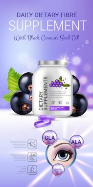 Siyah frenk üzümü diyet ek reklamlar. Vektör çizim göz eki ile şişe ve blackcurrant öğeler yer.