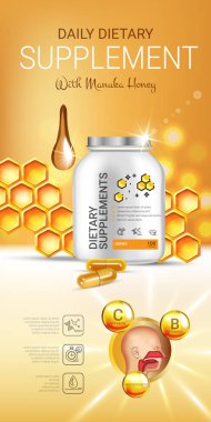 Manuka tatlım diyet ek reklamlar. Vektör çizim şişe ve bal öğeler yer tatlım eki ile.