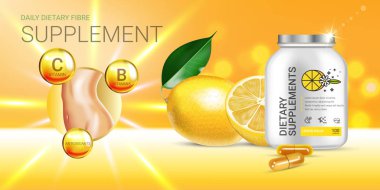 Melisa diyet ek reklamlar. Vektör çizim şişe ve limon öğelerinde bulunan limon eki ile
