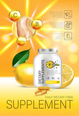 Melisa diyet ek reklamlar. Vektör çizim şişe ve limon öğelerinde bulunan limon eki ile.