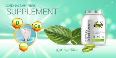 Cool mint dietary supplement ads. Vector Illustration with honey supplement contained in bottle and mint leaves elements. clipart