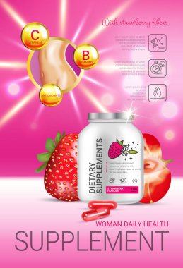 Çilek diyet ek reklamlar. Vektör çizim şişeyi ve strawberry öğeler yer eki ile