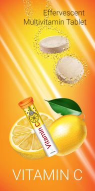 Efervesan Multivitamin tabletleri reklamlar. Vektör çizim C vitamini konteyner ve limon ile.