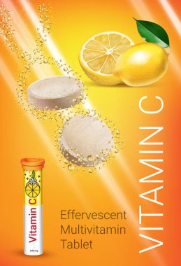 Efervesan Multivitamin tabletleri reklamlar. Vektör çizim C vitamini konteyner ve limon ile.