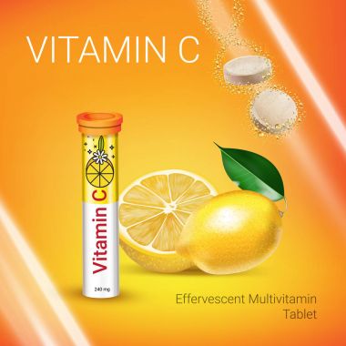 Efervesan Multivitamin tabletleri reklamlar. Vektör çizim C vitamini konteyner ve limon ile