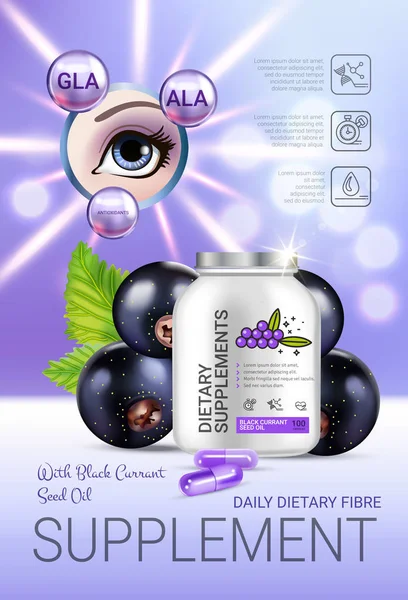 Siyah frenk üzümü diyet ek reklamlar. Vektör çizim göz eki ile şişe ve blackcurrant öğeler yer