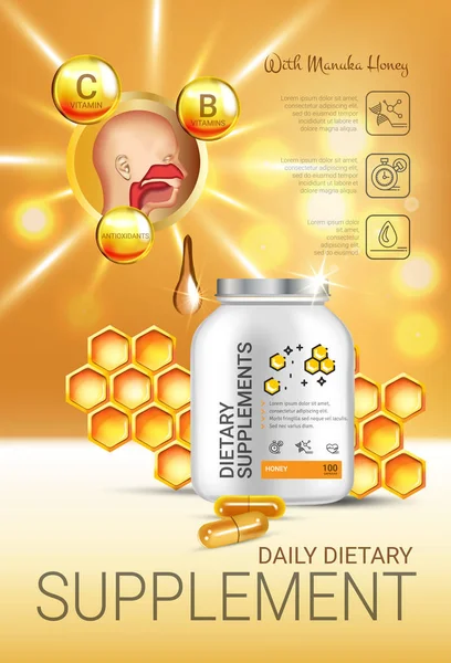 Manuka tatlım diyet ek reklamlar. Vektör çizim şişe ve bal öğeler yer tatlım eki ile