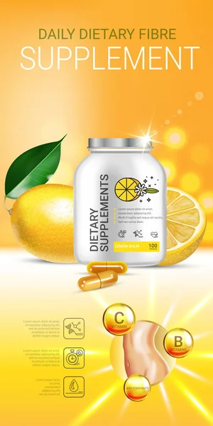 Zitronenmelisse Nahrungsergänzungsmittel Anzeigen. Vektorillustration mit Zitronenergänzung in Flaschen- und Zitronenelementen. — Stockvektor