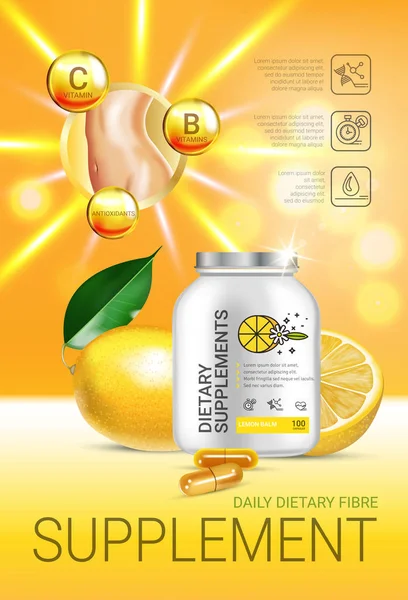 Zitronenmelisse Nahrungsergänzungsmittel Anzeigen. Vektorillustration mit Zitronenergänzung in Flaschen- und Zitronenelementen. — Stockvektor