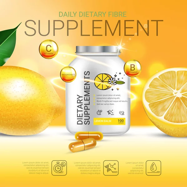 Melisa diyet ek reklamlar. Vektör çizim şişe ve limon öğelerinde bulunan limon eki ile