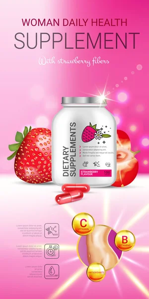 Strawberry kosttillskott annonser. Vektorillustration med tillägg som finns i flaskan och jordgubbe element — Stock vektor