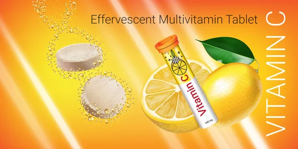 Brausen Multivitamintabletten Werbung. Vektor-Illustration mit Vitamin-C-Behälter und Zitrone. — Stockvektor