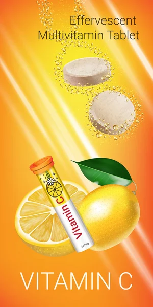 Brausen Multivitamintabletten Werbung. Vektor-Illustration mit Vitamin-C-Behälter und Zitrone. — Stockvektor