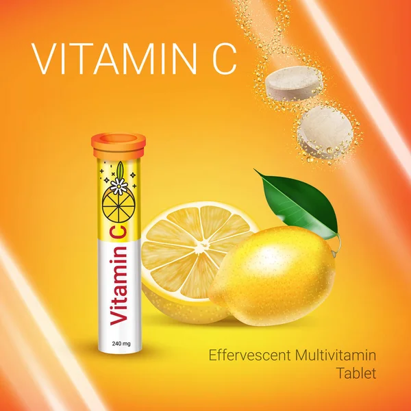 Brausen Multivitamintabletten Werbung. Vektor-Illustration mit Vitamin-C-Behälter und Zitrone — Stockvektor