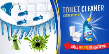 Taze koku tuvalet temizleyici reklamlar. Temiz bobs klozet içindeki mikropları öldürmek. Vektör gerçekçi çizim. Yatay başlık.