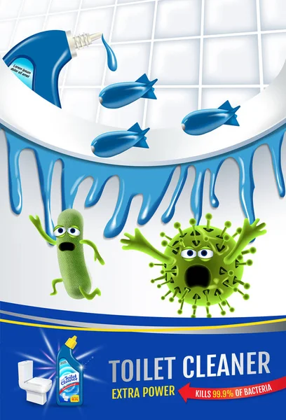 Anuncios de limpiador de inodoros de fragancia fresca. Los bobs limpiadores matan gérmenes dentro del inodoro. Ilustración realista vectorial. Cartel vertical . — Vector de stock