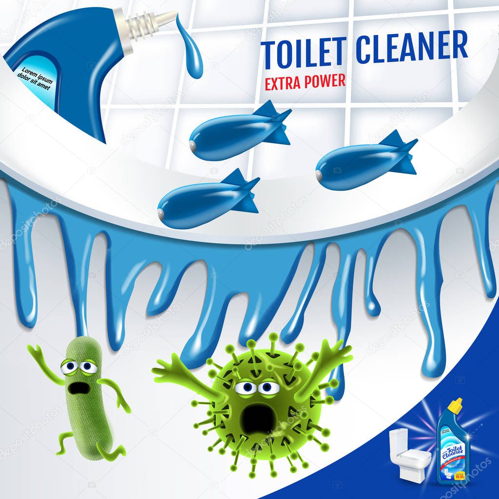 Fresh fragrance toilet cleaner ads. Cleaner bobs kill germs inside toilet bowl. Vector realistic illustration. Poster.