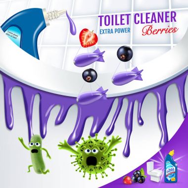 Çilek koku tuvalet temizleyici reklamlar. Temiz bobs klozet içindeki mikropları öldürmek. Vektör gerçekçi çizim. Poster.