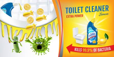 Narenciye koku tuvalet temizleyici reklamlar. Temiz bobs klozet içindeki mikropları öldürmek. Vektör gerçekçi çizim. Yatay başlık.