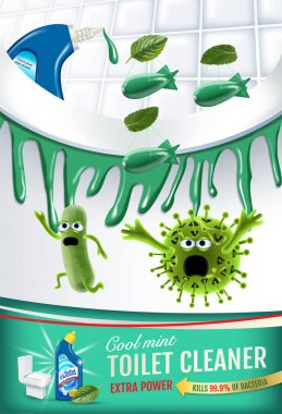 Serin nane kokusu tuvalet temizleyici reklamlar. Temiz bobs klozet içindeki mikropları öldürmek. Vektör gerçekçi çizim. Dikey poster.