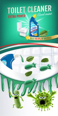 Serin nane kokusu tuvalet temizleyici reklamlar. Temiz bobs klozet içindeki mikropları öldürmek. Vektör gerçekçi çizim. Dikey başlık.