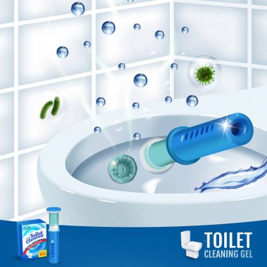 Fesh koku tuvalet temizleyici jel disk reklamlar. Tuvalet kase ile gerçekçi illüstrasyon vektör jel dağıtıcı ve jel diskler. Poster.