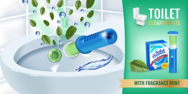 Serin nane kokusu tuvalet temizleyici jel disk reklamlar. Tuvalet kase ile gerçekçi illüstrasyon vektör jel dağıtıcı ve jel diskler. Yatay başlık.