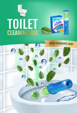 Serin nane kokusu tuvalet temizleyici jel disk reklamlar. Tuvalet kase ile gerçekçi illüstrasyon vektör jel dağıtıcı ve jel diskler. Dikey poster.