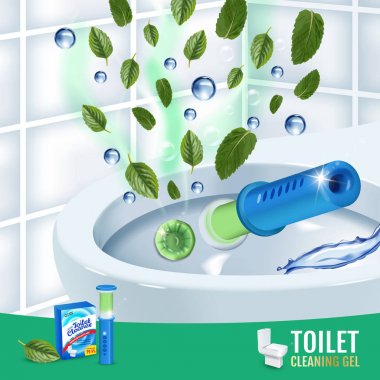 Serin nane kokusu tuvalet temizleyici jel disk reklamlar. Tuvalet kase ile gerçekçi illüstrasyon vektör jel dağıtıcı ve jel diskler. Poster.