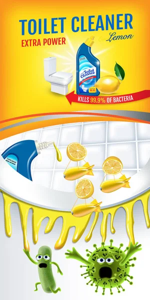 柑橘系の香りのトイレ掃除機の広告。クリーナーのボブスは、便器の中の細菌を殺します。ベクトルのリアルなイラストです。垂直バナー. — ストックベクタ