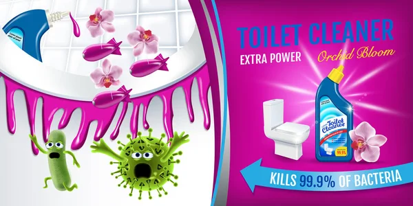 Ορχιδέα άρωμα τουαλέτα καθαρότερο αγγελίες. Καθαρότερο βαρίδια σκοτώνουν τα μικρόβια μέσα σε λεκάνη της τουαλέτας. Διάνυσμα ρεαλιστική απεικόνιση. Οριζόντια banner. — Διανυσματικό Αρχείο