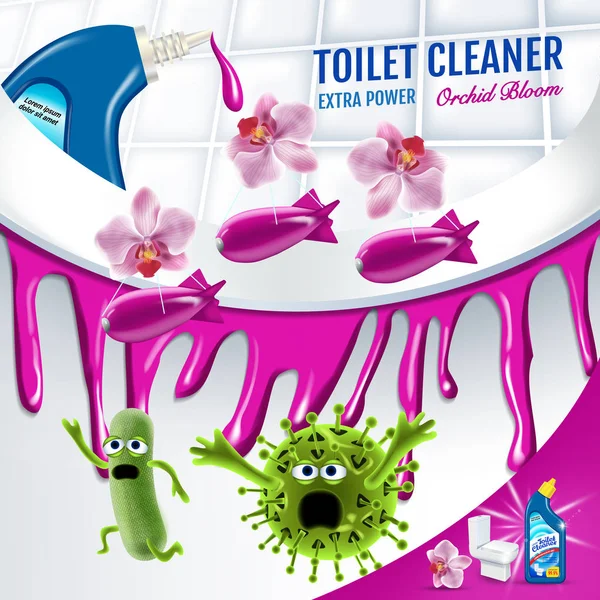 Orchidée parfum toilette nettoyant annonces. Les seins nettoyants tuent les germes dans le bol des toilettes. Illustration vectorielle réaliste . — Image vectorielle