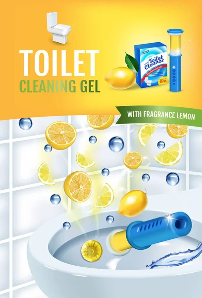 Citrus Duft Toilettenreiniger Gel Disc Anzeigen. Vektorrealistische Illustration mit Toilettenschüssel-Gel-Spender und Gel-Discs. Vertikales Plakat. — Stockvektor