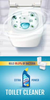 Taze koku tuvalet temizleyici jel reklamlar. Vektör gerçekçi çizim tuvalet kase ve dezenfektan kapsayıcının üst manzaralı. Verical afiş.