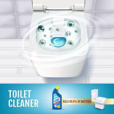 Taze koku tuvalet temizleyici jel reklamlar. Vektör gerçekçi çizim tuvalet kase ve dezenfektan kapsayıcının üst manzaralı. Poster.