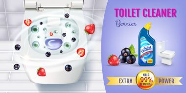 Berry koku tuvalet temizleyici jel reklamlar. Vektör gerçekçi çizim tuvalet kase ve dezenfektan kapsayıcının üst manzaralı. Yatay başlık.