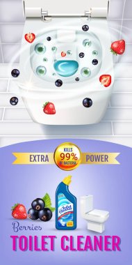 Berry koku tuvalet temizleyici jel reklamlar. Vektör gerçekçi çizim tuvalet kase ve dezenfektan kapsayıcının üst manzaralı. Dikey başlık.