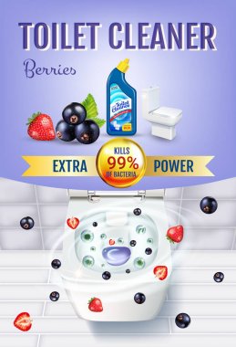Berry koku tuvalet temizleyici jel reklamlar. Vektör gerçekçi çizim tuvalet kase ve dezenfektan kapsayıcının üst manzaralı. Dikey poster.