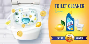 Narenciye koku tuvalet temizleyici jel reklamlar. Vektör gerçekçi çizim tuvalet kase ve dezenfektan kapsayıcının üst Manzaralı.