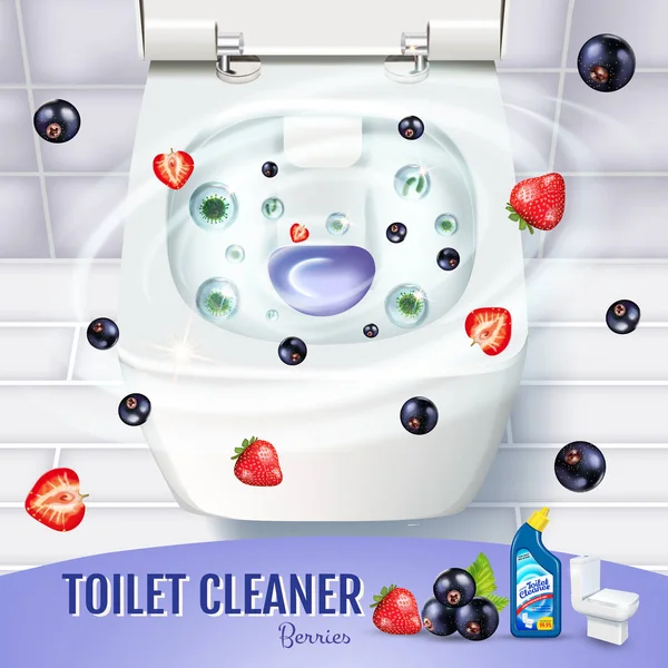 Berry koku tuvalet temizleyici jel reklamlar. Vektör gerçekçi çizim tuvalet kase ve dezenfektan kapsayıcının üst manzaralı. Poster.