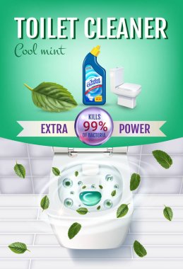 Serin nane kokusu tuvalet temizleyici jel reklamlar. Vektör gerçekçi çizim tuvalet kase ve dezenfektan kapsayıcının üst manzaralı. Dikey poster.