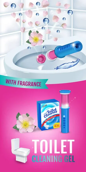 Rose parfum toilette nettoyant gel annonces disque. Illustration vectorielle réaliste avec distributeur de gel pour cuvette de toilette et disques de gel. Bannière verticale . — Image vectorielle