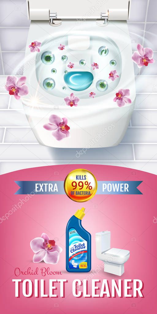 Orchid fragrance toilet cleaner gel ads. Vector realistic Illustration with top view of toilet bowl and disinfectant container. Vertical banner.