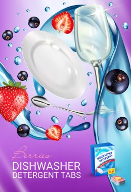 Çilek koku bulaşık makinesi deterjanı reklamlar sekmeleri. Vektör gerçekçi çizim su sıçrama, çilek ve blackcurrant yemekleri ile. Dikey poster